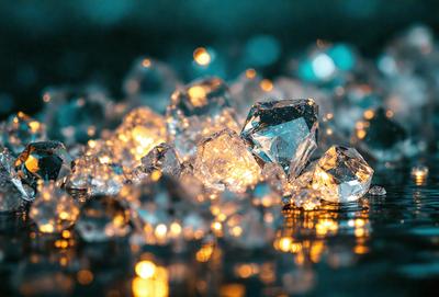 The primary subject of the image is a collection of crystals, which are illuminated by a light source. The setting is a dark background, which contrasts with the brightly lit crystals. The visual style is a close-up of the crystals, showcasing their unique shapes and reflections. The colors and mood of the image are predominantly dark, with the crystals serving as a focal point and source of light.