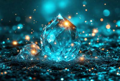 The primary subject of the image is a large, blue crystal. The setting is a dark, blue background, which creates a striking contrast with the crystal. The visual style is a combination of photo and digital art, giving the image a unique and eye-catching appearance. The dominant colors are blue and white, with the blue crystal being the focal point of the image. The overall atmosphere is one of beauty and elegance, as the crystal stands out against the dark, blue background.