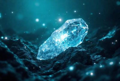The primary subject of the image is a large, blue crystal. The setting is a dark, blue background, which creates a dramatic contrast with the crystal. The visual style appears to be a digital art or illustration, as the crystal is depicted in a stylized manner. The dominant colors are blue and black, giving the image a moody and mysterious atmosphere.