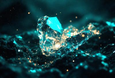 The primary subject of the image is a blue crystal, which is the main object, scene, or focus of the image. The setting is a dark, possibly underground environment, with a backdrop of a rocky surface. The visual style is a combination of a photo and digital art, creating a unique and intriguing atmosphere. The dominant colors are blue and purple, which contribute to the overall mood of the image.