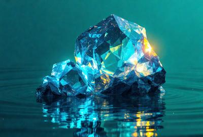 The primary subject of the image is a large, blue, crystal-like structure floating in a body of water. The setting is a dark, blue environment, which adds to the overall mood of the scene. The visual style of the image is a combination of photo and digital art, creating a unique and intriguing appearance. The colors and mood of the image are predominantly dark and moody, with the blue crystal structure being the main focal point.