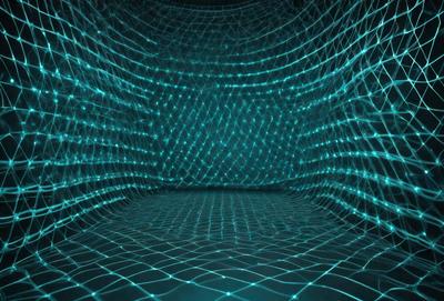 The primary subject of the image is a large, blue, three-dimensional structure that resembles a honeycomb or a web. The setting is a dark room, and the visual style appears to be a digital art or illustration. The dominant colors in the image are blue and black, creating a moody and mysterious atmosphere.