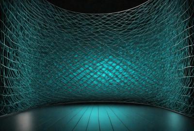 The primary subject of the image is a blue mesh wall with a patterned design. The setting is a room with a wooden floor, and the visual style appears to be a combination of a photo and digital art. The dominant colors in the image are blue and green, creating a calm and serene atmosphere.