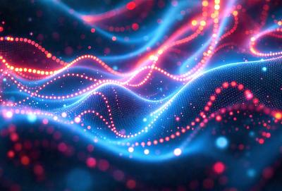 The primary subject of the image is a blue and red light pattern, which appears to be a digital art or illustration. The setting is a dark background, and the visual style is a combination of digital art and light patterns. The dominant colors are blue and red, creating a vibrant and energetic atmosphere.