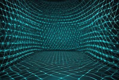 The primary subject of the image is a large, blue, three-dimensional structure that resembles a honeycomb or a web. The setting is a dark room, and the visual style appears to be a digital art or illustration. The dominant colors in the image are blue and black, creating a moody and mysterious atmosphere.
