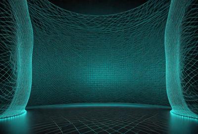 The primary subject of the image is a large, blue, and white mesh-like structure. The setting is a dark room with a blue-lit environment, creating a unique atmosphere. The visual style appears to be a combination of digital art and illustration, with a focus on the intricate patterns and textures of the mesh. The dominant colors in the image are blue and white, which contribute to the overall mood of the scene.