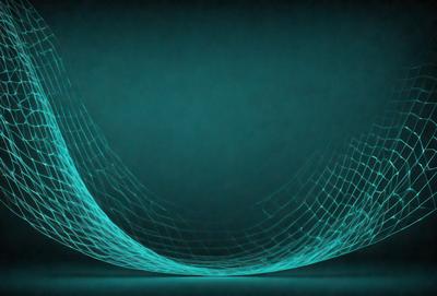 The primary subject of the image is a blue background with a green mesh pattern. The setting is a dark room, and the visual style is a digital art or illustration. The dominant colors are blue and green, creating a calm and soothing atmosphere.