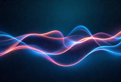 The primary subject of the image is a blue and red light wave, which appears to be a digital art or illustration. The setting is a dark background, and the visual style gives the impression of a futuristic or technological theme. The dominant colors in the image are blue and red, creating a vibrant and energetic atmosphere.
