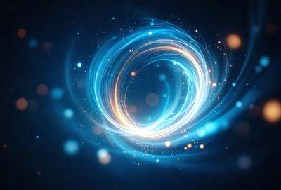 The primary subject of the image is a blue, swirling, and glowing circle. The setting is a dark background, which contrasts with the bright and vibrant colors of the circle. The visual style appears to be a digital art or illustration, as the circle is depicted in a detailed and intricate manner. The colors and mood of the image are predominantly blue and energetic, creating a sense of movement and dynamism.
