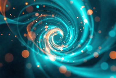 The primary subject of the image is a spiral, which is a blue and orange swirl. The spiral is the main object, scene, or focus of the image. The setting or background of the image is a dark blue space, which contrasts with the bright colors of the spiral. The visual style of the image is digital art, as it appears to be a digital illustration or drawing. The dominant colors in the image are blue and orange, creating a vibrant and dynamic atmosphere.