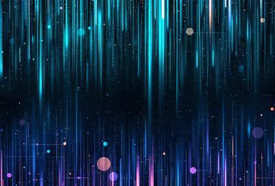The primary subject of the image is a colorful, abstract background featuring a pattern of blue and purple lines. The setting is a space-themed environment, with a backdrop of stars and planets. The visual style is a combination of digital art and illustration, creating a vibrant and dynamic atmosphere. The dominant colors are blue and purple, which contribute to the overall mood of the image, which is energetic and lively.