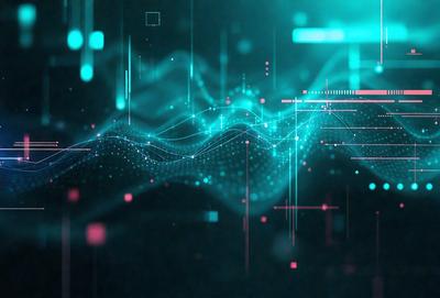 The primary subject of the image is a computer screen displaying a colorful and intricate pattern of lines and shapes. The setting is a dark room, and the visual style appears to be a combination of digital art and illustration. The dominant colors in the image are blue and green, creating a calm and soothing atmosphere.