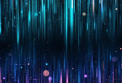 The primary subject of the image is a colorful, abstract background featuring a pattern of blue and purple lines. The setting is a space-themed environment, with a backdrop of stars and planets. The visual style is a combination of digital art and illustration, creating a vibrant and dynamic atmosphere. The dominant colors are blue and purple, which contribute to the overall mood of the image, which is energetic and lively.