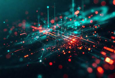 The primary subject of the image is a computer graphic or digital artwork featuring a complex network of lines and shapes. The setting is a dark background, which contrasts with the bright colors of the artwork. The visual style is a combination of digital art and illustration, creating a unique and intricate design. The colors and mood of the image are vibrant and dynamic, with the artwork's patterns and textures creating a sense of depth and complexity.