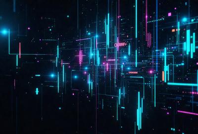 The primary subject of the image is a colorful, abstract design with a futuristic and psychedelic appearance. The setting is a dark background, which contrasts with the vibrant colors of the design. The visual style is a combination of digital art and illustration, creating a unique and eye-catching pattern. The dominant colors are a mix of pink, blue, and green, giving the image a lively and energetic mood.