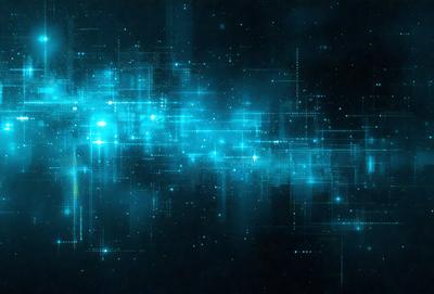 The primary subject of the image is a blue and white digital artwork featuring a pattern of blue and white squares. The setting is a dark background, which contrasts with the bright blue and white squares. The visual style is digital art, and the colors and mood are predominantly blue and white, creating a calm and serene atmosphere.
