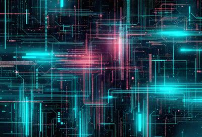The primary subject of the image is a complex and intricate pattern of interconnected lines, which creates a visually striking and futuristic appearance. The setting is a black background, which contrasts with the vibrant colors of the lines. The visual style is a combination of digital art and illustration, giving the image a unique and captivating look. The dominant colors are a mix of pink, green, and blue, which contribute to the overall mood of the image, evoking a sense of energy and dynamism.
