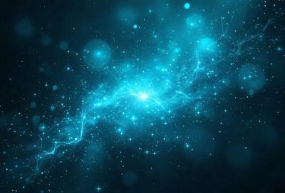 The primary subject of the image is a bright blue nebula with a star in the center. The setting is a dark, starry sky, and the visual style is a digital art or illustration. The dominant colors are blue and white, creating a serene and celestial atmosphere.