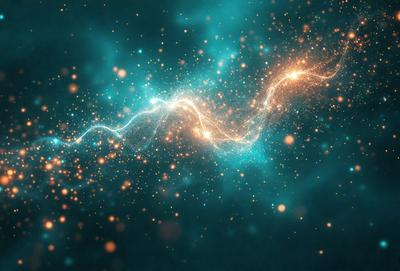 The primary subject of the image is a brightly lit, colorful, and swirling pattern. The setting is a dark background, which contrasts with the vibrant colors of the swirling pattern. The visual style appears to be a combination of digital art and illustration, creating a dynamic and eye-catching scene. The dominant colors are blue and orange, with the blue hues creating a sense of depth and the orange hues adding warmth and energy to the image. Overall, the colors and mood of