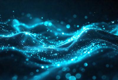 The primary subject of the image is a blue wave or water flow, which is the main focus of the scene. The setting is a dark background, which contrasts with the blue wave. The visual style is a digital art or illustration, as the wave appears to be a digital representation of a flowing water. The dominant colors are blue and black, creating a calm and serene atmosphere.