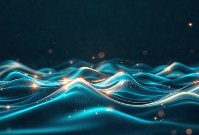 The primary subject of the image is a blue ocean with waves. The setting is a dark blue background, which creates a contrast with the light blue waves. The visual style is a digital art, as the waves are depicted in a stylized manner. The colors and mood of the image are predominantly blue, creating a serene and calming atmosphere.