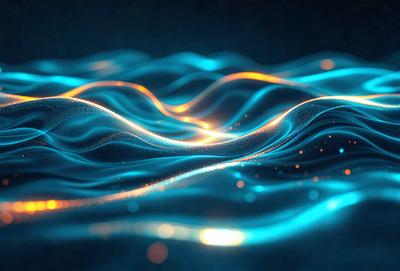 The primary subject of the image is a blue wave with a yellow glow, creating a visually striking scene. The setting is a dark blue background, which contrasts with the bright blue wave and the yellow glow. The visual style appears to be a combination of a photo and digital art, as the wave has a unique and artistic appearance. The colors and mood of the image are predominantly blue and yellow, with the yellow glow adding warmth and energy to the scene.