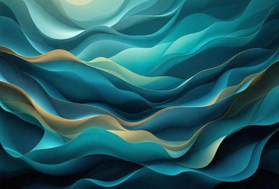 The primary subject of the image is a large, colorful, and abstract artwork featuring a blue and yellow color scheme. The setting is a wall, and the visual style appears to be a combination of digital art and illustration. The artwork creates a vibrant and lively atmosphere, with the blue and yellow colors evoking a sense of energy and movement.