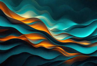 The primary subject of the image is a large, colorful, and abstract artwork featuring a mix of blue, orange, and white colors. The setting is a dark background, which contrasts with the vibrant colors of the artwork. The visual style appears to be a combination of digital art and illustration, creating a unique and eye-catching design. The overall atmosphere of the image is energetic and dynamic, with the artwork's colors and patterns evoking a sense of movement and creativity.