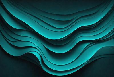 The primary subject of the image is a large, blue, curved wall with a wave-like pattern. The setting is a dark room, and the visual style appears to be a digital art or illustration. The dominant colors are blue and green, creating a calm and serene atmosphere.