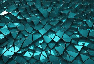 The primary subject of the image is a blue, glass-like surface with a pattern of hexagons. The setting is a blue background, and the visual style appears to be a digital art or illustration. The dominant colors are blue and turquoise, creating a calm and serene atmosphere.