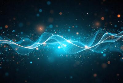 The primary subject of the image is a blue light effect, which appears to be a digital art or illustration. The setting is a dark background, and the visual style is futuristic and modern. The dominant colors are blue and white, creating a calm and serene atmosphere.