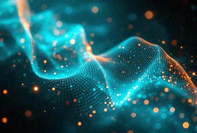 The primary subject of the image is a blue, digital art-like representation of a wave. The setting is a dark background, and the visual style appears to be a combination of a photo and digital art. The colors are predominantly blue, and the overall atmosphere is dynamic and futuristic.