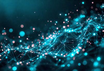 The primary subject of the image is a blue and white light pattern, which appears to be a digital art or illustration. The setting is a dark background, and the visual style is a combination of digital art and illustration. The colors and mood of the image are predominantly blue and white, creating a sense of depth and complexity.