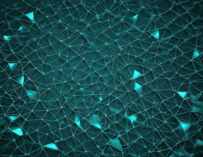 The primary subject of the image is a blue background with a pattern of triangles. The setting is a dark blue background, and the visual style appears to be a digital art or illustration. The dominant colors are blue and green, creating a calm and serene atmosphere.