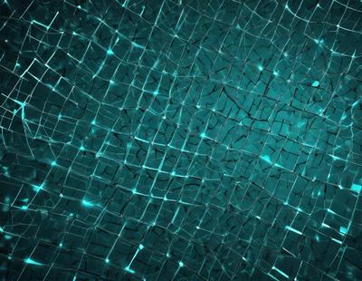 The primary subject of the image is a close-up of a blue and green glass surface, possibly a glass wall or a piece of art. The setting is a dark room, and the visual style appears to be a digital art or illustration. The dominant colors in the image are blue and green, creating a calm and serene atmosphere.