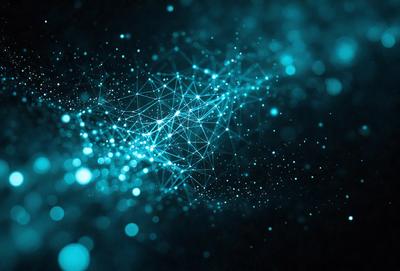The primary subject of the image is a blue, digital artwork featuring a complex network of interconnected lines. The setting is a dark background, which contrasts with the bright blue lines. The visual style is a combination of digital art and illustration, creating a unique and intricate pattern. The colors and mood of the image are predominantly blue, giving it a calm and serene atmosphere.