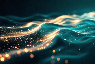The primary subject of the image is a blue ocean with waves. The setting is a dark blue background, which creates a contrast with the light blue waves. The visual style is a combination of a photo and digital art, as the waves are depicted in a stylized manner. The colors and mood of the image are predominantly blue, creating a serene and calming atmosphere.