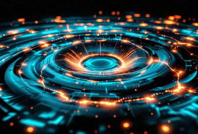 The primary subject of the image is a blue and yellow circle with a glowing center. The circle is surrounded by a blue background, giving it a futuristic and technological appearance. The visual style of the image is a combination of digital art and illustration, creating a unique and captivating scene. The colors and mood of the image are predominantly blue and yellow, with the glowing center adding a sense of warmth and energy to the overall atmosphere.