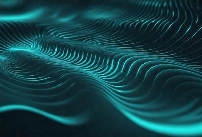 The primary subject of the image is a blue wave pattern, which appears to be a digital art or illustration. The setting is a dark background, and the visual style is a combination of digital art and a pattern. The dominant colors in the image are blue and green, creating a calm and soothing atmosphere.
