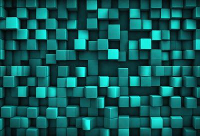 The primary subject of the image is a blue and green wall with a pattern of blue squares. The setting is a room with a blue and green wallpaper. The visual style is a digital art or illustration, creating a vibrant and colorful atmosphere. The dominant colors are blue and green, giving the wall a unique and eye-catching appearance.