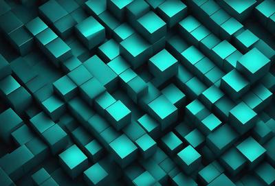 The primary subject of the image is a blue and green patterned background. The setting is a dark room, and the visual style is a digital art or illustration. The dominant colors are blue and green, creating a calm and soothing atmosphere.