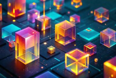 The primary subject of the image is a collection of colorful, illuminated cubes. These cubes are arranged in a visually appealing manner, creating a vibrant and lively scene. The setting is a black background, which contrasts with the brightly colored cubes, making them stand out even more. The visual style of the image is a combination of digital art and illustration, with the cubes appearing to be three-dimensional and the overall atmosphere being energetic and playful.