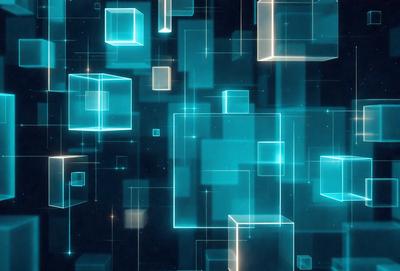 The primary subject of the image is a blue and white digital artwork featuring a pattern of cubes. The setting is a dark background, and the visual style is a combination of digital art and illustration. The dominant colors are blue and white, creating a calm and serene atmosphere.