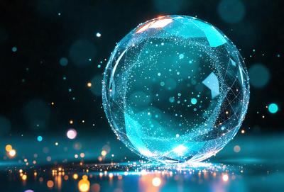 The primary subject of the image is a large, blue, glowing sphere. The setting is a dark background, which contrasts with the bright, illuminated sphere. The visual style appears to be a digital art or illustration, as the sphere is depicted with a detailed and intricate design. The colors and mood of the image are predominantly blue and vibrant, creating a sense of depth and visual interest.
