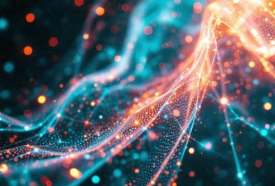 The primary subject of the image is a brightly colored, swirling pattern that resembles a DNA strand. The setting is a dark background, which contrasts with the vibrant colors of the pattern. The visual style is a combination of digital art and illustration, creating a dynamic and eye-catching design. The dominant colors are orange, blue, and white, giving the image a lively and energetic atmosphere.