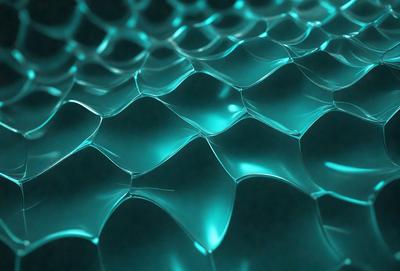 The primary subject of the image is a close-up of a blue, plastic-like material with a pattern of small bubbles. The setting is a dark background, which contrasts with the blue material. The visual style appears to be a digital art or illustration, as the material appears to be a textured, three-dimensional surface. The colors and mood of the image are predominantly blue, creating a calm and serene atmosphere.