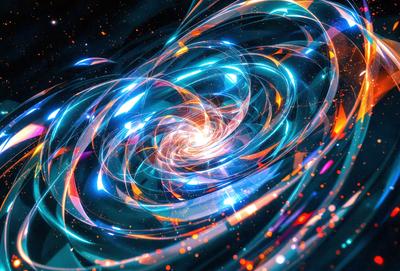 The primary subject of the image is a swirling, colorful pattern that resembles a galaxy or a nebula. The setting is a dark, starry background that contrasts with the vibrant colors of the swirling pattern. The visual style is a combination of digital art and illustration, creating a dynamic and captivating scene. The colors and mood of the image are predominantly blue and orange, giving it a sense of depth and awe.