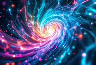 The primary subject of the image is a swirling, colorful spiral, which appears to be a digital art or illustration. The spiral is set against a backdrop of a blue, starry sky, creating a vibrant and lively atmosphere. The visual style of the image suggests that it is a creative and artistic representation of a spiral, rather than a photo or a real-life object. The dominant colors in the image are blue, pink, and orange, which contribute to the spiral'