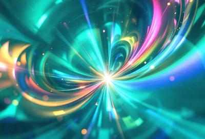 The primary subject of the image is a brightly colored, swirling tunnel or tunnel-like structure. The setting is a brightly lit environment, possibly a space or a futuristic setting. The visual style appears to be a combination of a photo and digital art, creating a vibrant and dynamic scene. The colors and mood of the image are predominantly blue and green, with a sense of movement and energy.