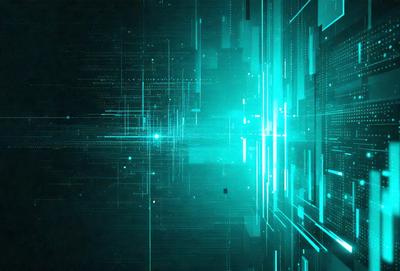 The primary subject of the image is a computer screen displaying a blue and green pattern. The setting is a dark room, and the visual style appears to be a digital art or illustration. The dominant colors are blue and green, creating a calm and soothing atmosphere.